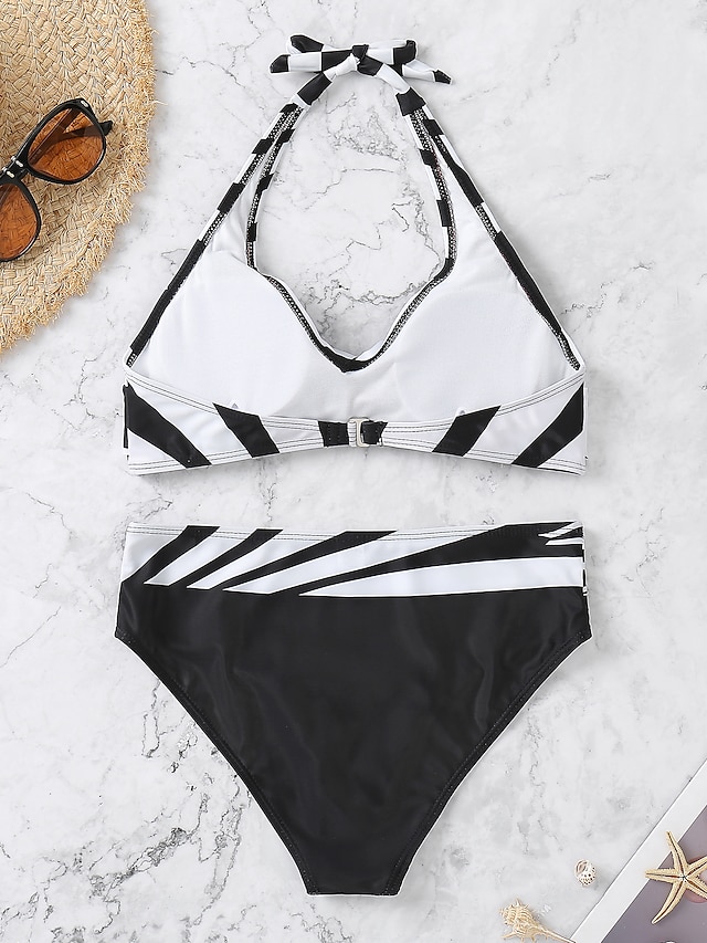 Womens Clothing Womens Swimwear | Womens Swimwear Bikini 2 Piece Plus Size Swimsuit Open Back for Big Busts Print Stripe Black R