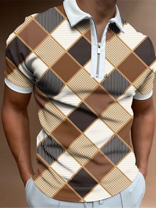  Men's Collar Polo Shirt T shirt Tee Golf Shirt 3D Print Plaid Color Block Turndown Casual Daily Zipper Print Short Sleeve Tops Casual Fashion Comfortable Sports Black / White Khaki Navy Blue / Summer