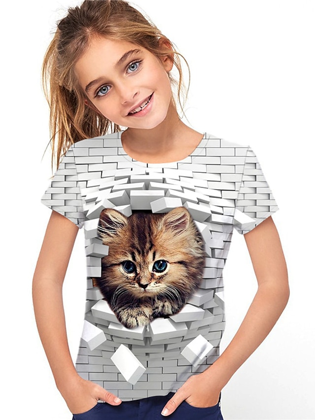  女の子 3D 動物 猫 Tシャツ 半袖 3Dプリント 夏 春 活発的 ファッション かわいいスタイル ポリエステル 子供 3〜12年 アウトドア 日常 屋内 レギュラー