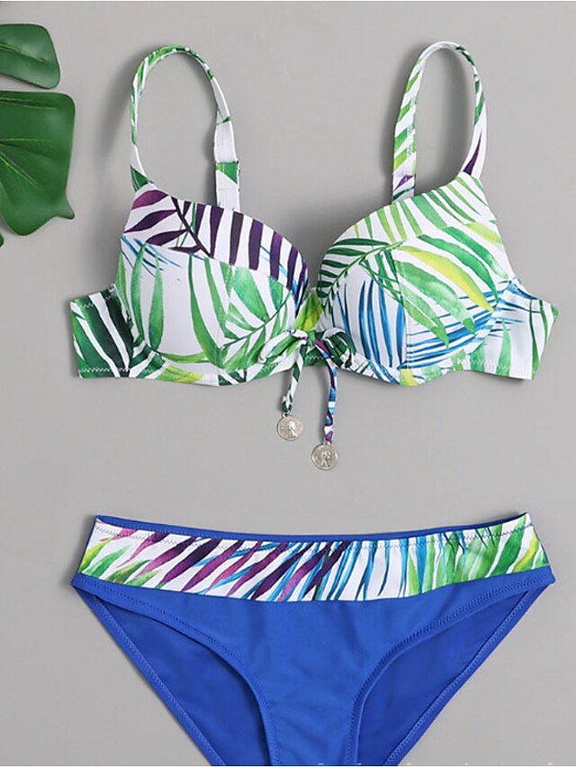 Womens Clothing Womens Swimwear | Womens Swimwear Bikini 2 Piece Normal Swimsuit Backless Printing Leaf Green Black Blue Underwi