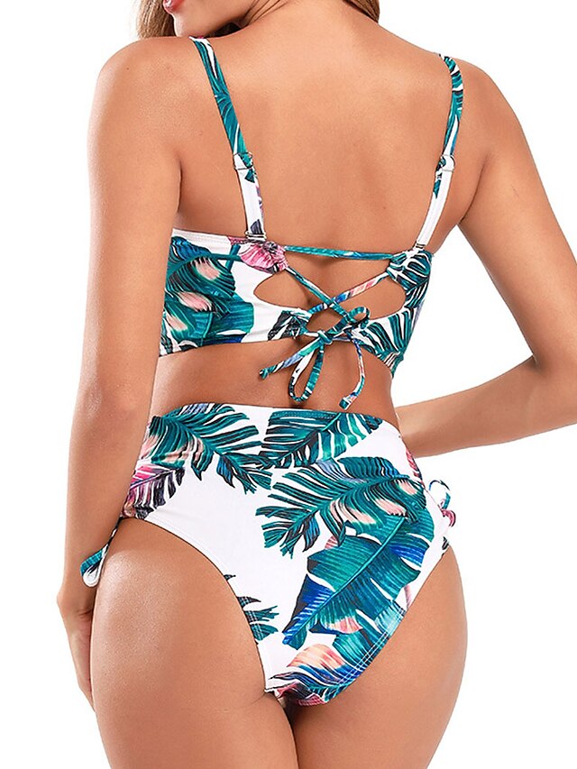 Womens Clothing Womens Swimwear | Womens Swimwear Bikini 2 Piece Normal Swimsuit 2 Piece High Waist Open Back Printing Leaf Gree