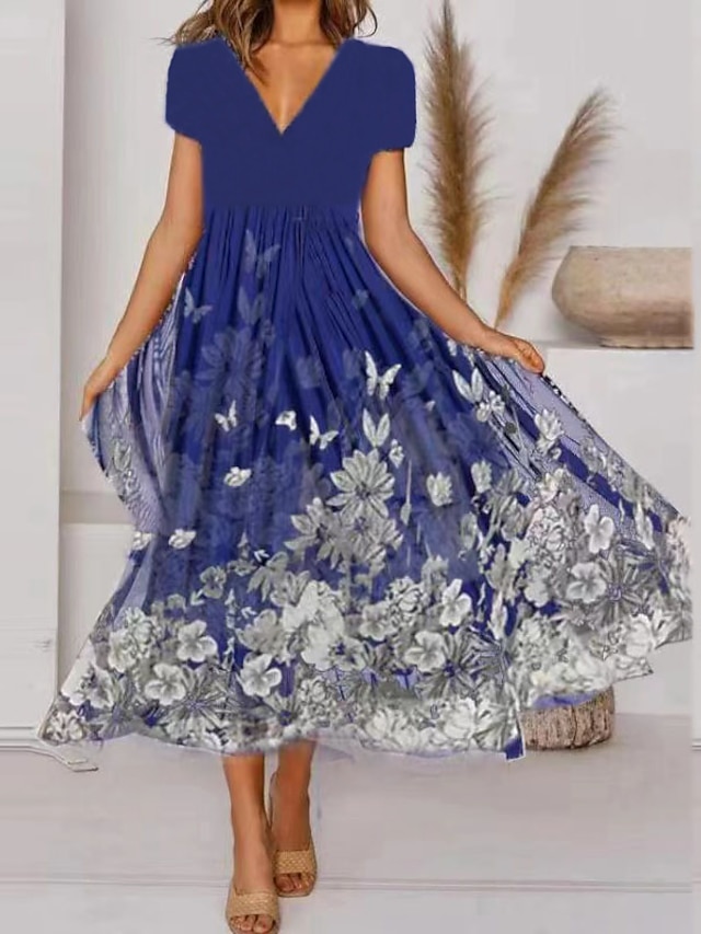  Women's Casual Dress Swing Dress Midi Dress Green Blue Short Sleeve Floral Print Spring Summer V Neck 2022 S M L XL XXL 3XL