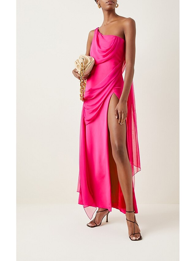 A Line Empire Sexy Wedding Guest Engagement Dress One Shoulder Sleeveless Ankle Length Chiffon 2198