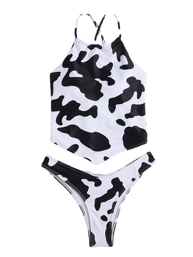 Womens Clothing Womens Swimwear | Womens Swimwear Bikini 2 Piece Normal Swimsuit 2 Piece Open Back Printing Hole Milk Cows White