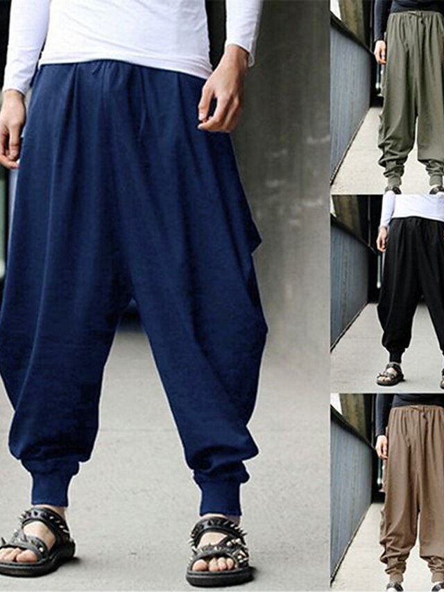 Mens Clothing Mens Bottoms | Mens Harem Pants Wide Leg Flowy Drawstring Casual Cotton Baggy Hippie Black 6XL - DQ17394