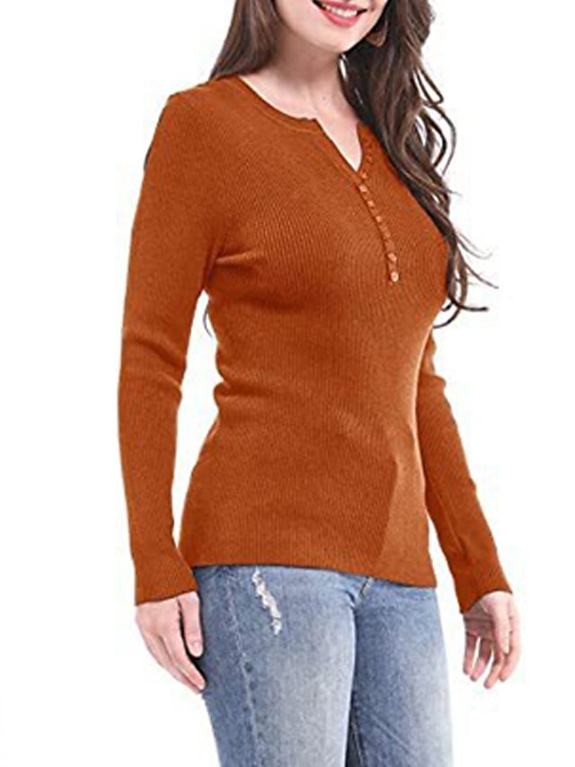 Womens Clothing Sweaters & Cardigans | Womens Pullover Sweater Jumper Knit Knitted Button Pure Color V Neck Stylish Casual Home 