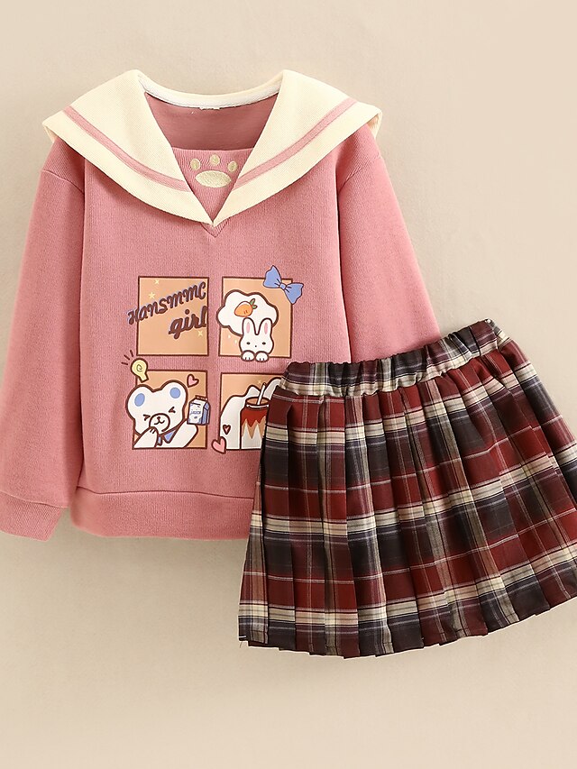 Baby & Kids Girls Clothing | Kids Girls Childrens Day T-shirt & Skirt 2 Pieces Long Sleeve Pink Beige Geometric Letter Print Cot