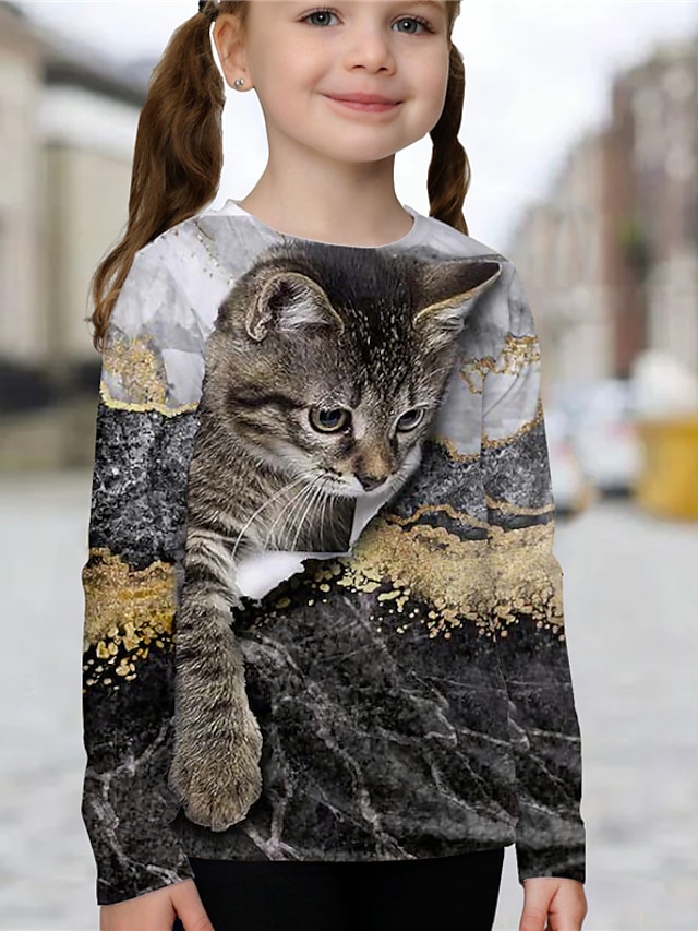  子供 女の子 Tシャツ 長袖 ブラック 3Dプリント 猫 動物 日常 屋内 アウトドア 活発的 ファッション 日常 スポーツ 3〜12年