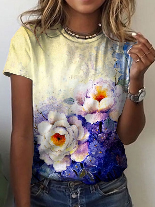  Women's T shirt Tee Floral Casual Holiday Weekend Floral Painting Short Sleeve T shirt Tee Round Neck Print Basic Essential Blue Yellow Red S / 3D Print