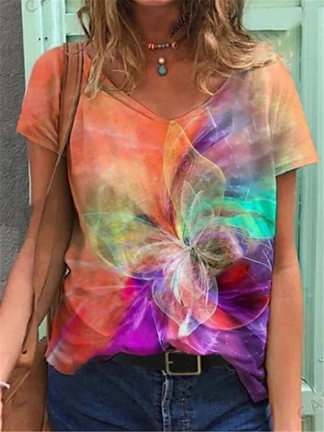 Womens Clothing Womens Tops | Womens Casual Daily Butterfly T shirt Tee Butterfly Short Sleeve V Neck Basic Tops Rainbow S / 3D 