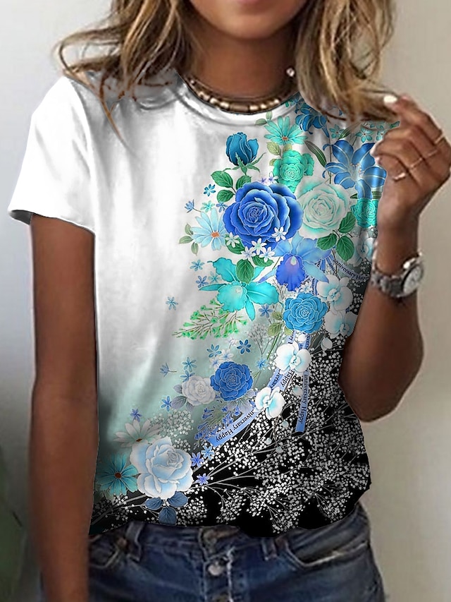 Womens Clothing Womens Tops | Womens Casual Holiday Weekend Floral Painting T shirt Tee Floral Short Sleeve Print Round Neck Bas