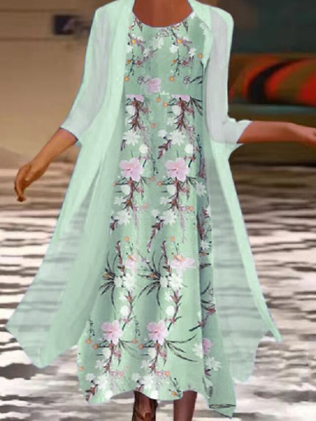 Women‘s Dress Set Two Piece Dress Midi Dress Light Green Light Blue 3/4