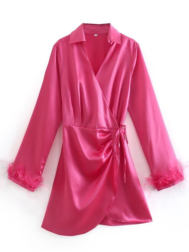 Womens Clothing Womens Dresses | Womens Sheath Dress Short Mini Dress Fuchsia Long Sleeve Pure Color Feather Spring Summer V Nec