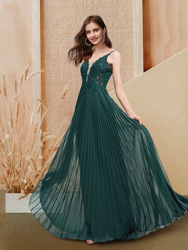  A-Line Evening Dresses Backless Dress Engagement Floor Length Sleeveless V Neck Chiffon with Pleats Lace Insert 2022 / Prom
