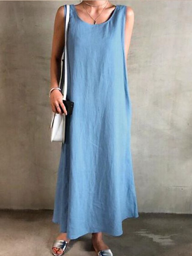 Womens Clothing Womens Dresses | Womens Shift Dress Maxi long Dress Blue Sleeveless Pure Color Pocket Spring Summer Round Neck S