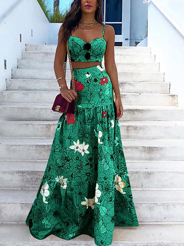 Womens Clothing Womens Dresses | Womens Swing Dress Maxi long Dress Green Yellow Sleeveless Floral Backless Print Spring Summer 