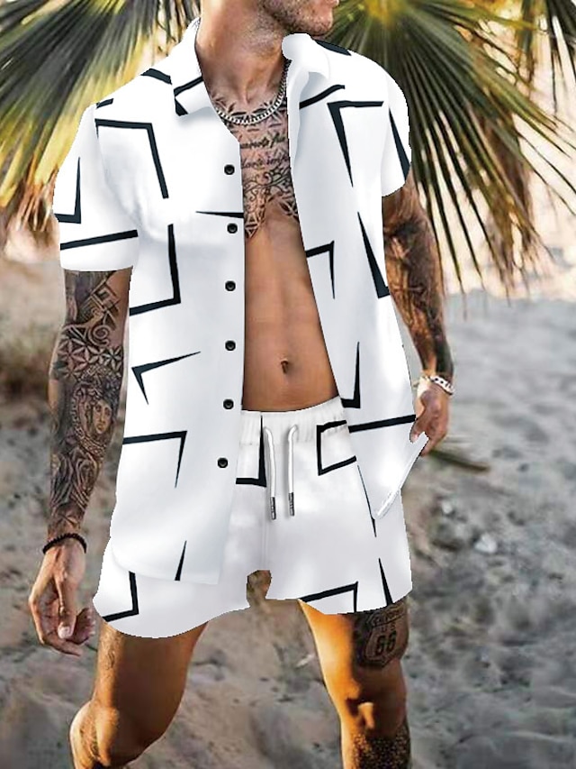 Men's Summer Hawaiian Shirt Shirt Set Summer Set Black White Navy Blue ...