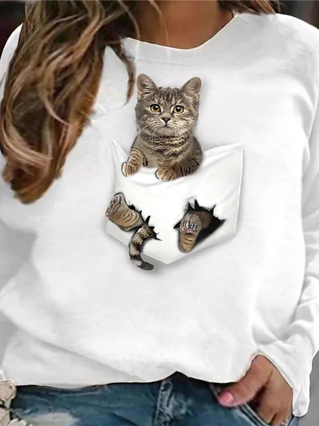 Womens Clothing Plus Size Collection | Womens Plus Size Tops Pullover Sweatshirt Cat Dog Print Long Sleeve Crewneck Streetwear D