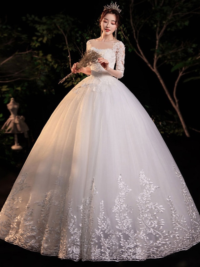Reception Formal Wedding Dresses Ball Gown Illusion Neck Half Sleeve ...