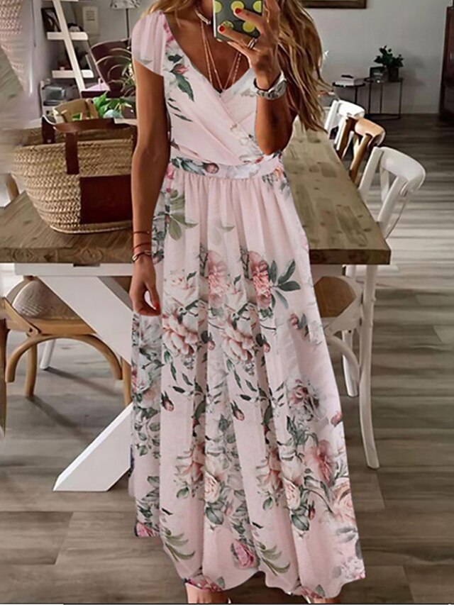 Womens Clothing Womens Dresses | Womens A Line Dress Maxi long Dress Pink Short Sleeve Floral Print Spring Summer V Neck Vacatio