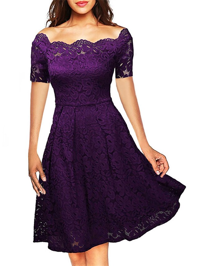 Womens Clothing Womens Dresses | Womens A Line Dress Knee Length Dress Black Purple Wine Short Sleeve Pure Color Lace Cold Shoul