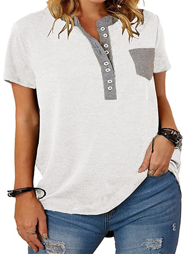 Womens Clothing Plus Size Collection | Womens Plus Size Tops Blouse T shirt Tee Plain Pocket Button Short Sleeve V Neck Streetwe