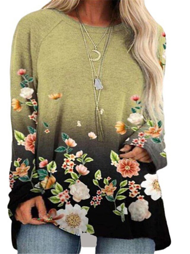 Womens Clothing Plus Size Collection | Womens Plus Size Tops Blouse Shirt Floral Print Long Sleeve Crewneck Streetwear Daily Goi