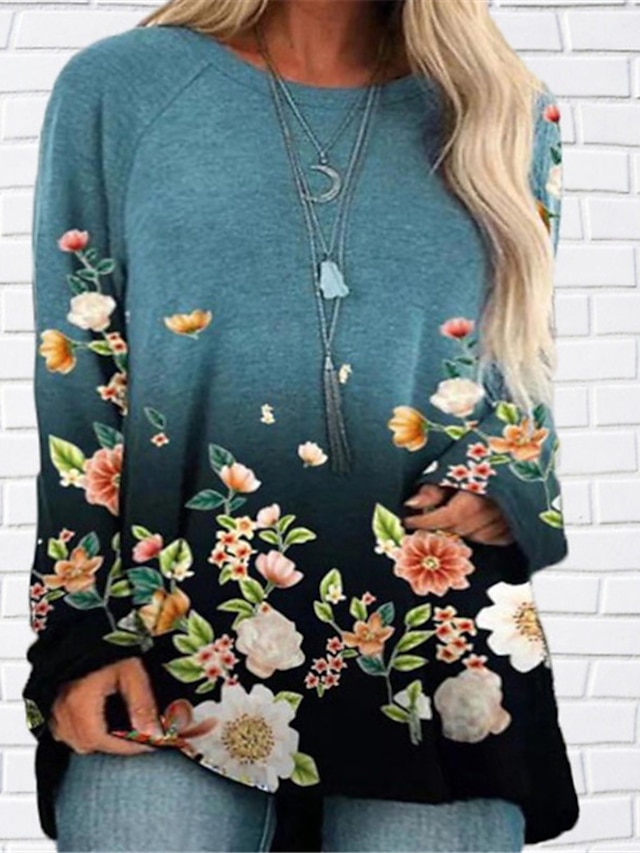 Womens Clothing Plus Size Collection | Womens Plus Size Tops Blouse Shirt Floral Print Long Sleeve Crewneck Streetwear Daily Goi