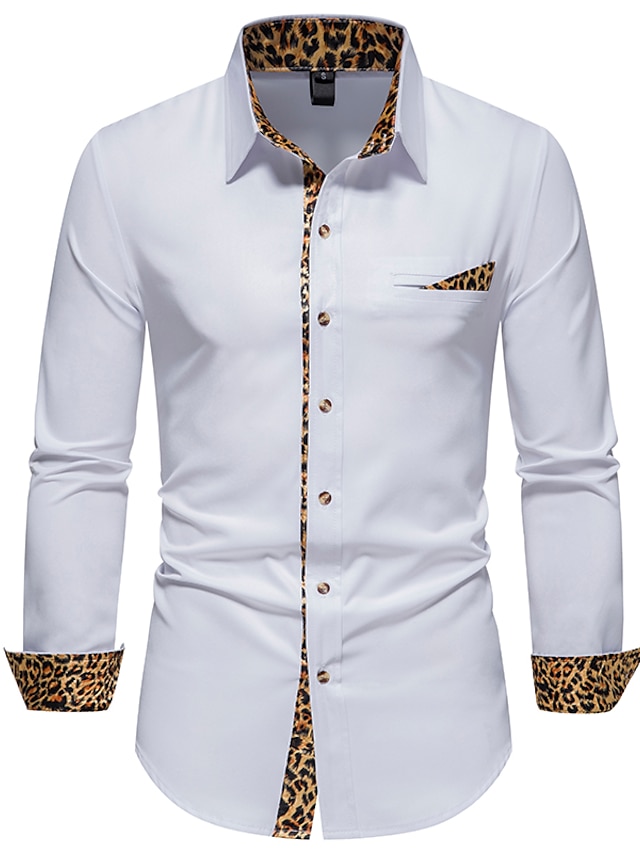 Mens Clothing Mens Shirts | Mens Shirt non-printing Leopard Plus Size Button Down Collar Daily Long Sleeve Tops Fashion White Bl