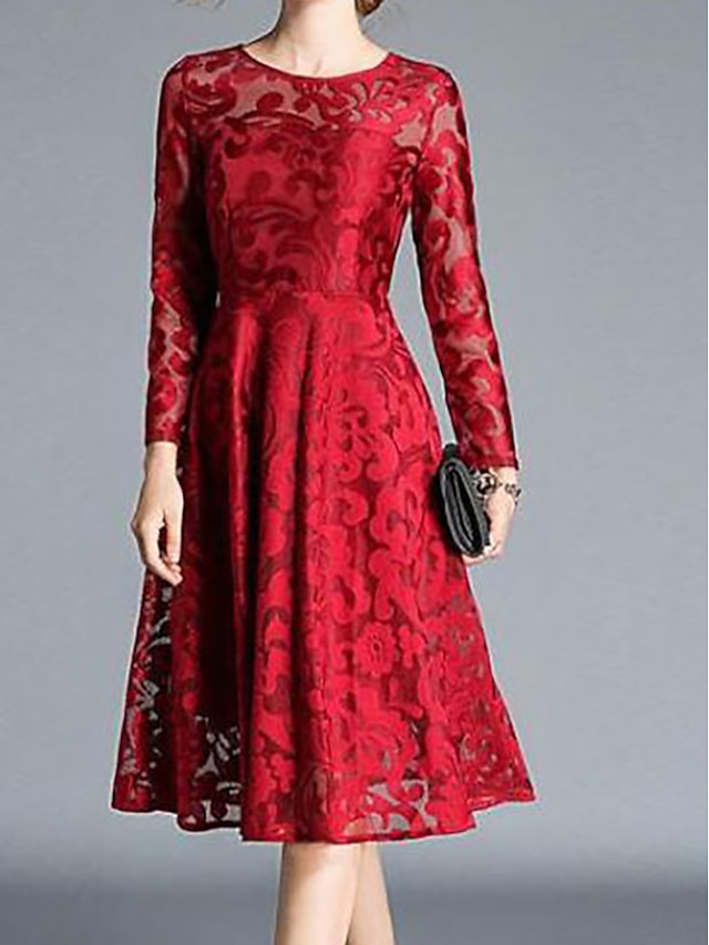 Womens Clothing Womens Dresses | Womens Swing Dress Knee Length Dress Wine Red Blue Black Long Sleeve Pure Color Lace Spring Sum