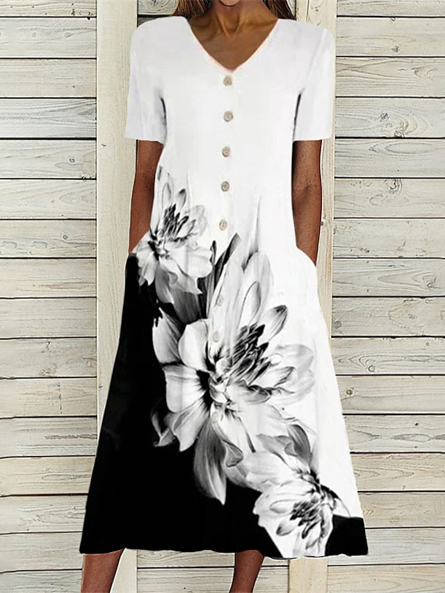 Women's Casual Dress Floral Dress Midi Dress White Short Sleeve Floral ...