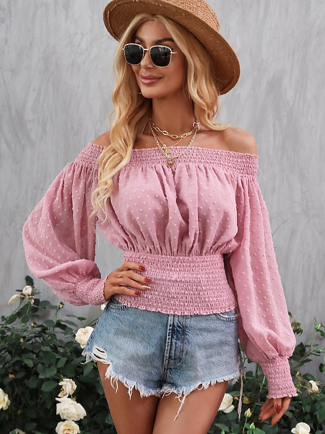 Womens Off Shoulder Bell Sleeve Tops Long Flared Casual Loose Blouses Shirts