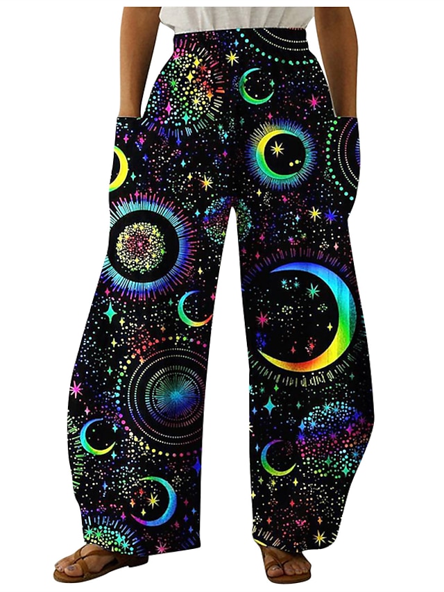 Womens Clothing Plus Size Collection | Womens Plus Size Wide Leg Chinos Pocket Print Galaxy Star Moon Space Casual Chino Casual 