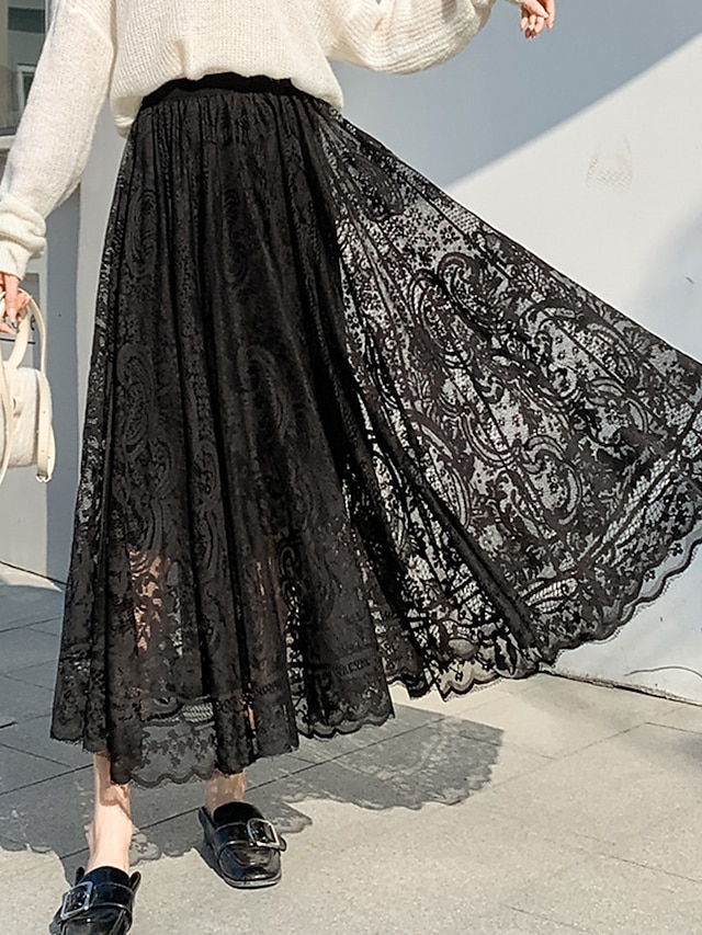 Womens Clothing Womens Bottoms | Womens Fashion Long Skirts Casual / Daily Weekend Solid Colored Lace Black Beige One-Size - GL5