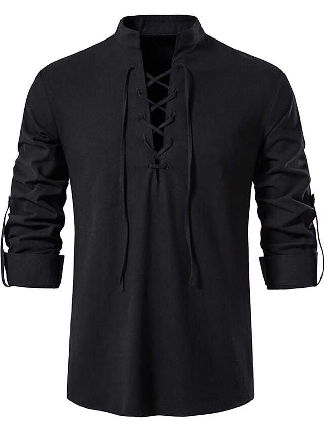 Men's Shirt Linen Shirt Summer Shirt Beach Wear Band Collar Shirt Black ...