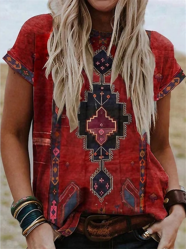  Dame T-shirt Rød Grafisk Tribal Patchwork Trykt mønster Kortærmet Afslappet Daglig Basale Boheme Etnisk Rund hals Normal S