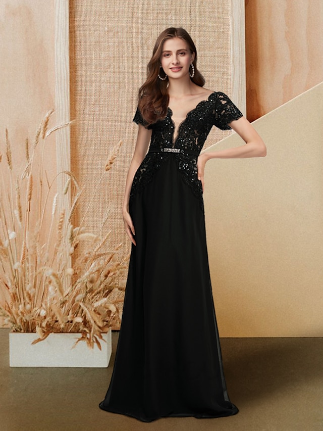 A-Line Evening Dresses Empire Dress Engagement Floor Length Short Sleeve V Neck Chiffon with Sequin Lace Insert 2022 / Formal Evening