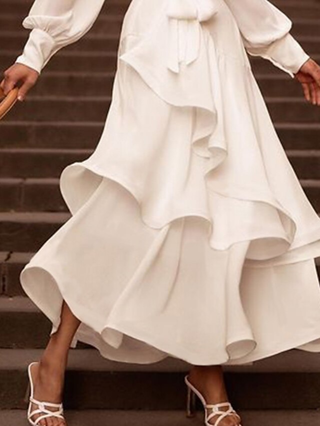 Womens Clothing Womens Dresses | Womens Party Dress Maxi long Dress White Long Sleeve Pure Color Ruched Ruffle Spring Summer V N