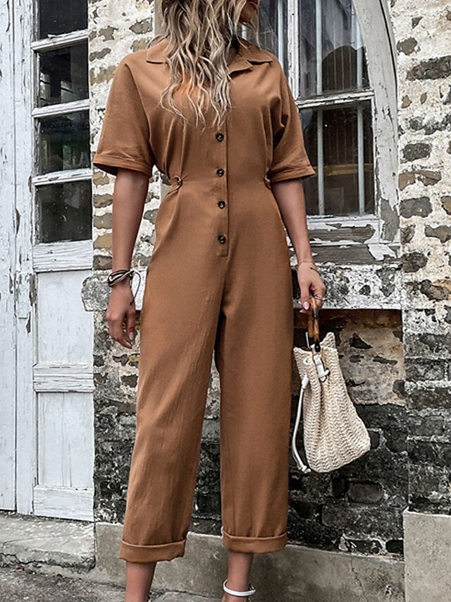 Womens Clothing Womens Jumpsuits & Rompers | Womens Jumpsuit Button Solid Color Shirt Collar Casual Daily Street Casual Regular 