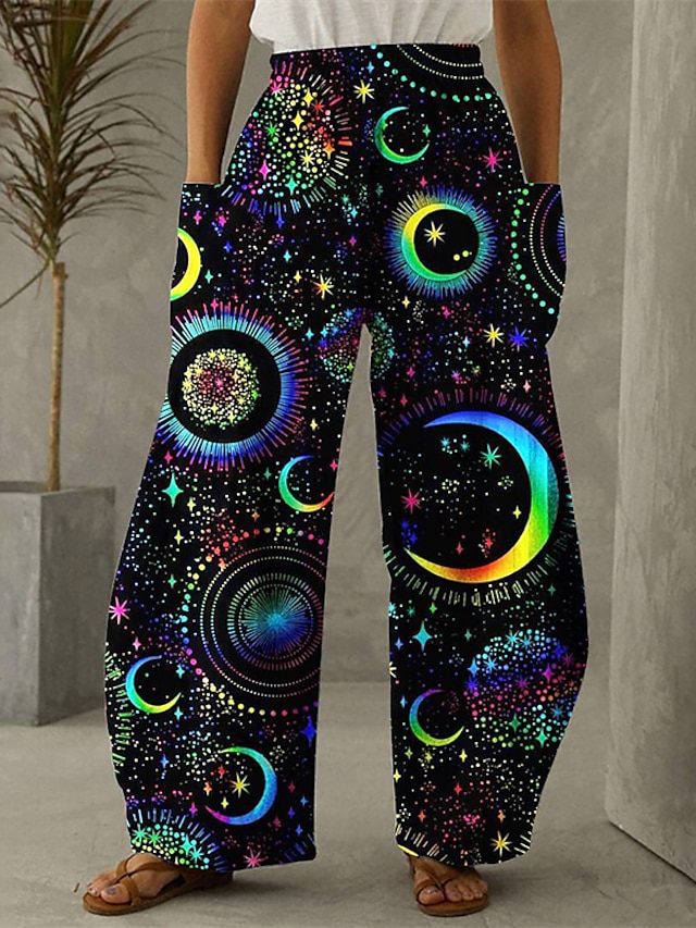 Womens Clothing Plus Size Collection | Womens Plus Size Wide Leg Chinos Pocket Print Galaxy Star Moon Space Casual Chino Casual 