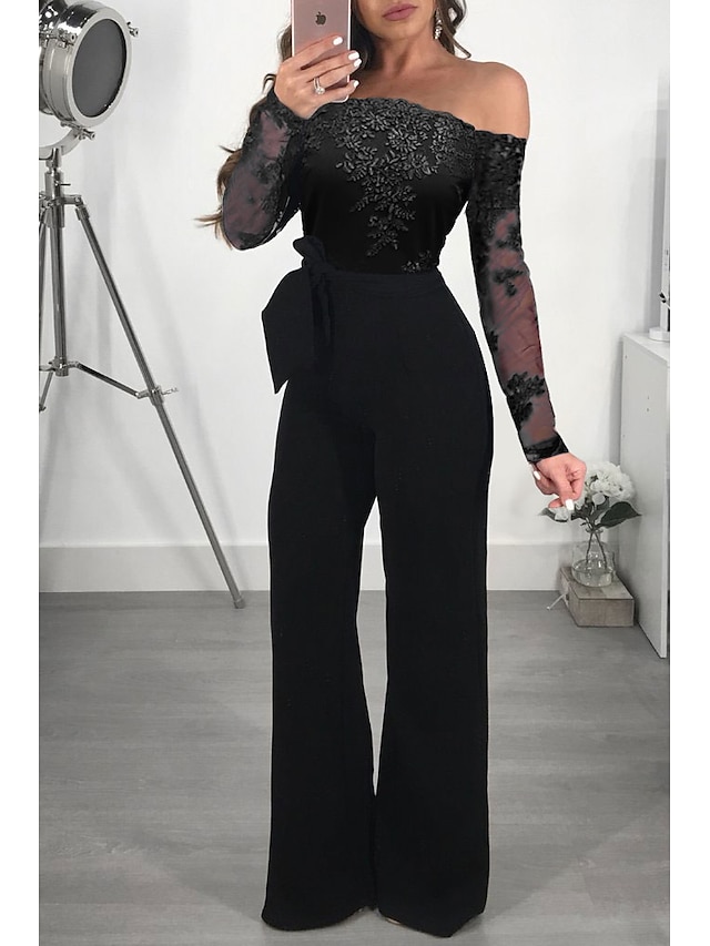  Jumpsuits Elegant Rompers Wedding Guest Formal Evening Dress Off Shoulder Long Sleeve Floor Length Lace with Lace Insert Pure Color 2022