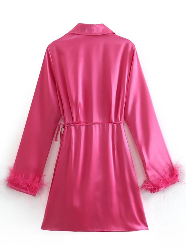 Womens Clothing Womens Dresses | Womens Sheath Dress Short Mini Dress Fuchsia Long Sleeve Pure Color Feather Spring Summer V Nec