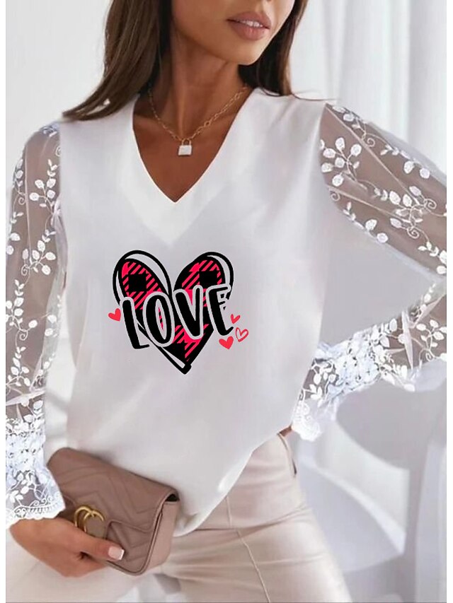 Womens Clothing Womens Tops | Womens Casual Valentine Weekend Painting Couple T shirt Tee Heart Text Long Sleeve Patchwork Print