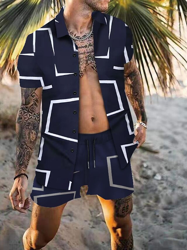 Men's Shirt Set Summer Set Summer Hawaiian Shirt Black White Navy Blue ...