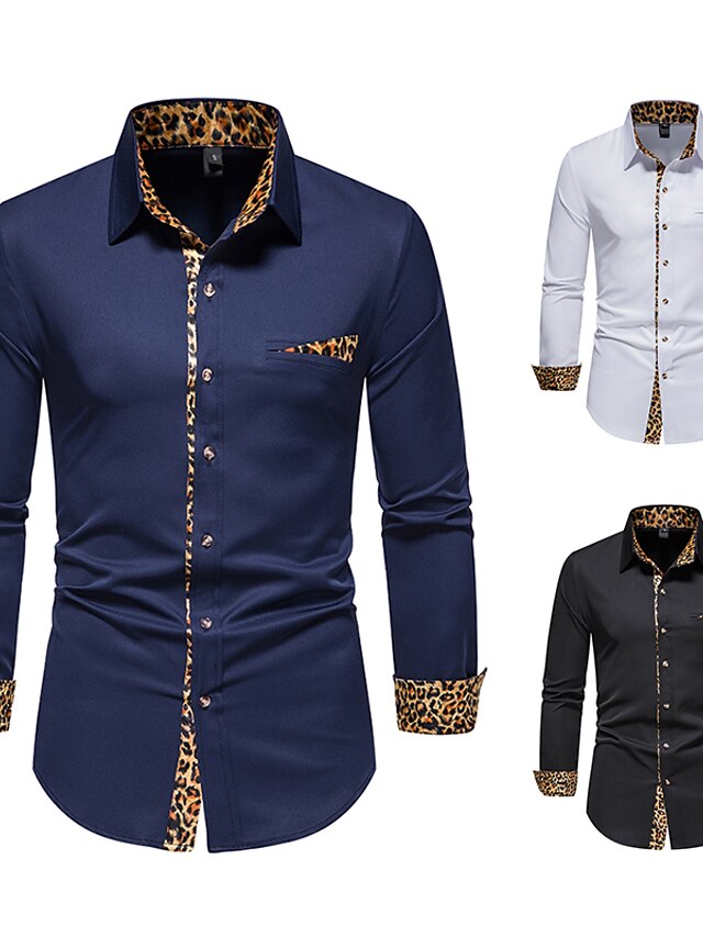 Mens Clothing Mens Shirts | Mens Shirt non-printing Leopard Plus Size Button Down Collar Daily Long Sleeve Tops Fashion White Bl