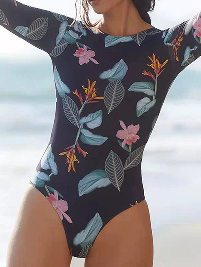 Womens Clothing Womens Swimwear | Womens Swimwear Rash Guard Diving Normal Swimsuit Open Back Printing Flower Black Scoop Neck B