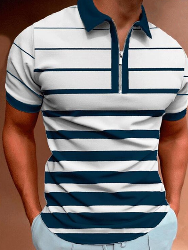  Hombre polo con cremallera POLO Calle Casual Cuello Inglés Cremallera de un cuarto Manga Corta Moda Ropa de calle Bloque de color A Rayas Retazos Cremallera Verano Primavera Ajuste regular Blanco