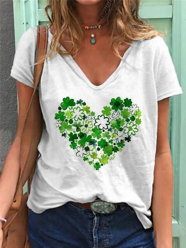 Womens Clothing Womens Tops | Womens Casual Daily Happy St Patricks Day T shirt Tee Heart Short Sleeve V Neck Basic Tops White S