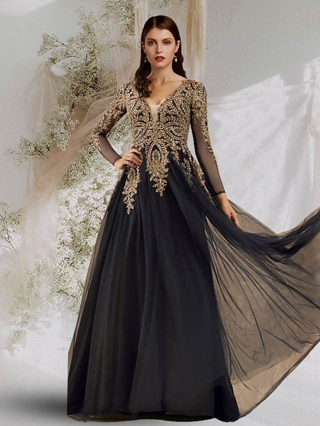  Ball Gown Evening Gown Elegant Dress Prom Formal Evening Floor Length Long Sleeve V Neck Tulle with Sequin Appliques 2023