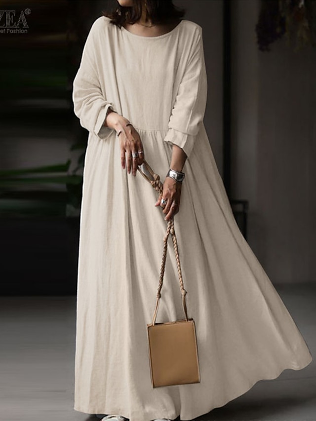 Womens Clothing Womens Dresses | Womens A Line Dress Maxi long Dress Black Brown Beige Long Sleeve Pure Color Ruched Pocket Spri